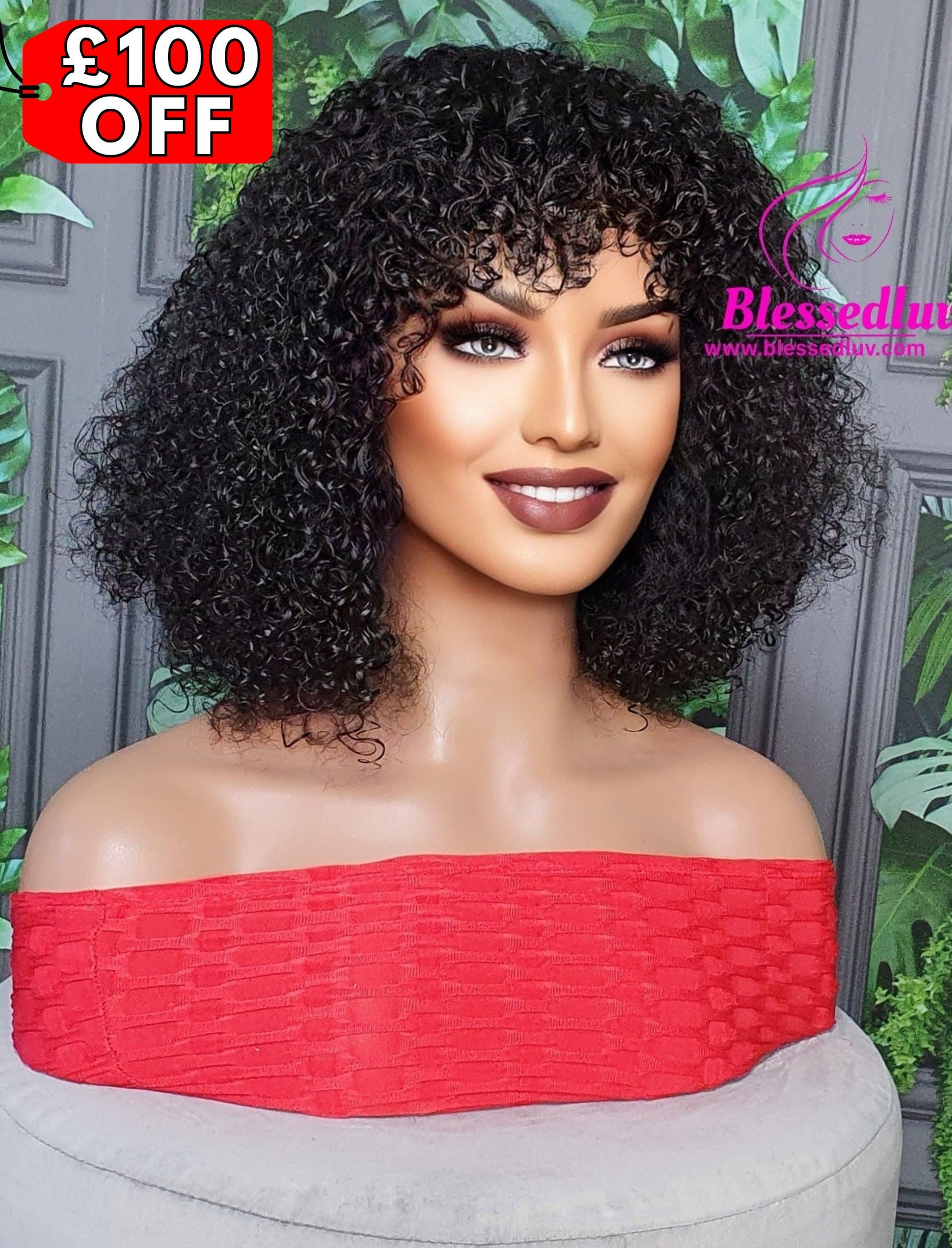 £100 OFF Kemi Brazilian Curly Fringe Machine Wig SALE