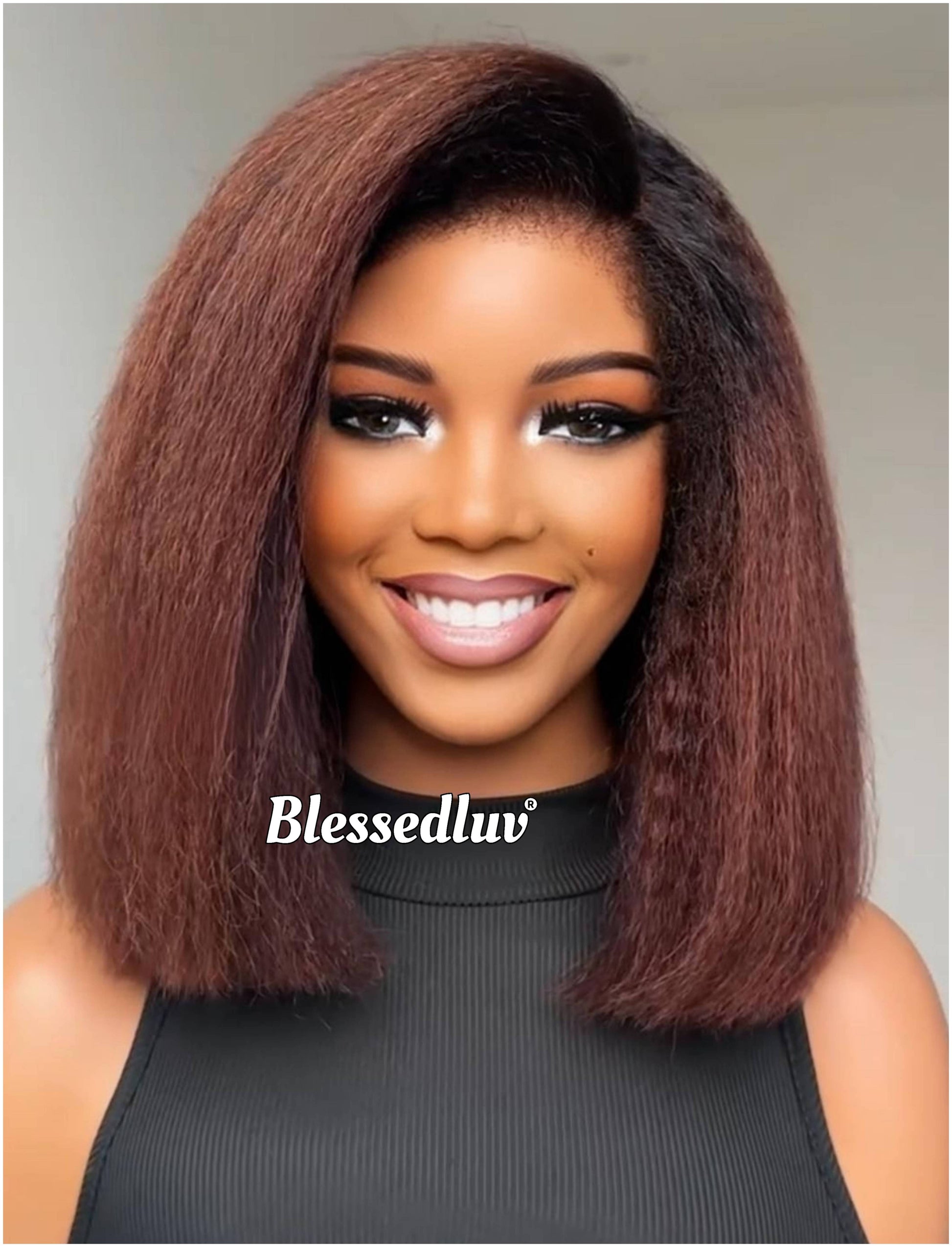 Mona - Bob Kinky Straight Texture Ventilated Glueless Lace Wig-Blessedluv.com-Brazilianweave.com