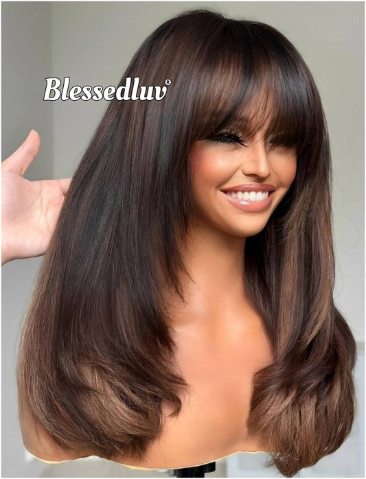 Juliette – Glueless Layered Bangs HD 5x5 Closure Lace Wig Balayage, Ready to Wear-Blessedluv.com-Brazilianweave.com