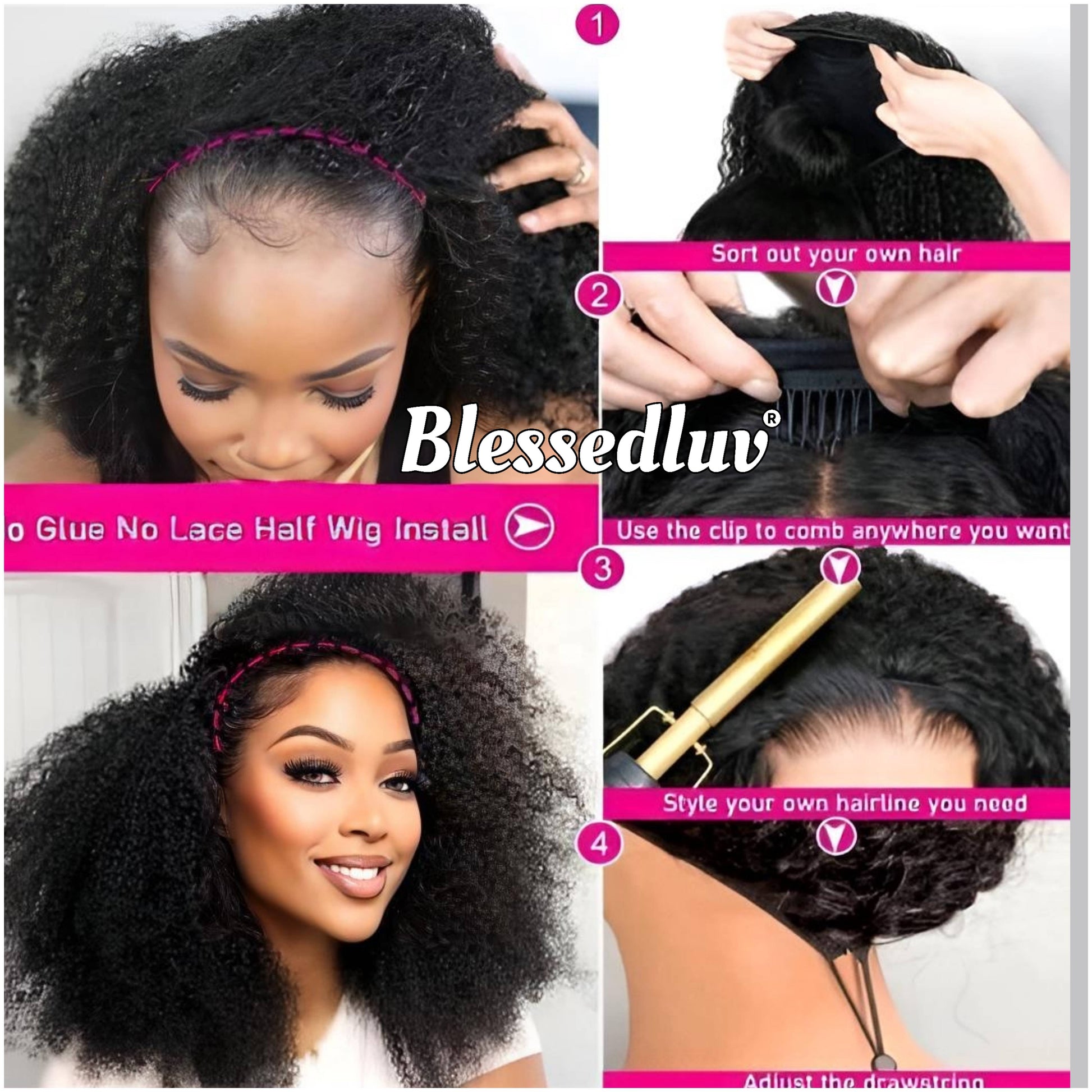 Nia - Half Wig - Afro curly Kinky Texture Glueless Wig-Blessedluv.com-Brazilianweave.com