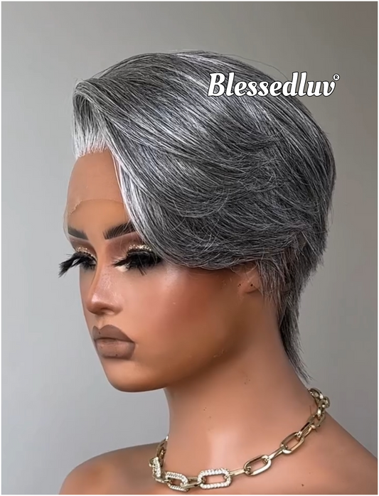 Sylvia - Elegant Salt & Pepper Grey Pixie HD Glueless Lace Wig-Blessedluv.com-Brazilianweave.com