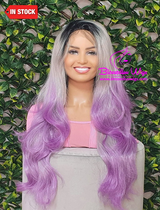 Bailey- Synthetic Ombré Silver Purple 13x4 Lace Frontal Wig-Brazilianweave.com-Brazilianweave.com